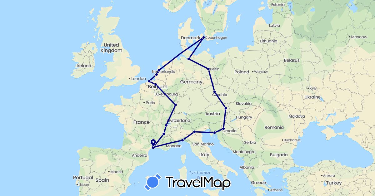 TravelMap itinerary: driving in Austria, Belgium, Switzerland, Czech Republic, Germany, Denmark, France, Croatia, Italy, Netherlands (Europe)